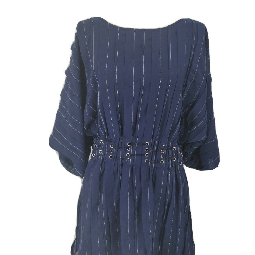 Tularosa x Revolve Sienna Mini Dress Pleated Navy White Pinstripe Grommets XL